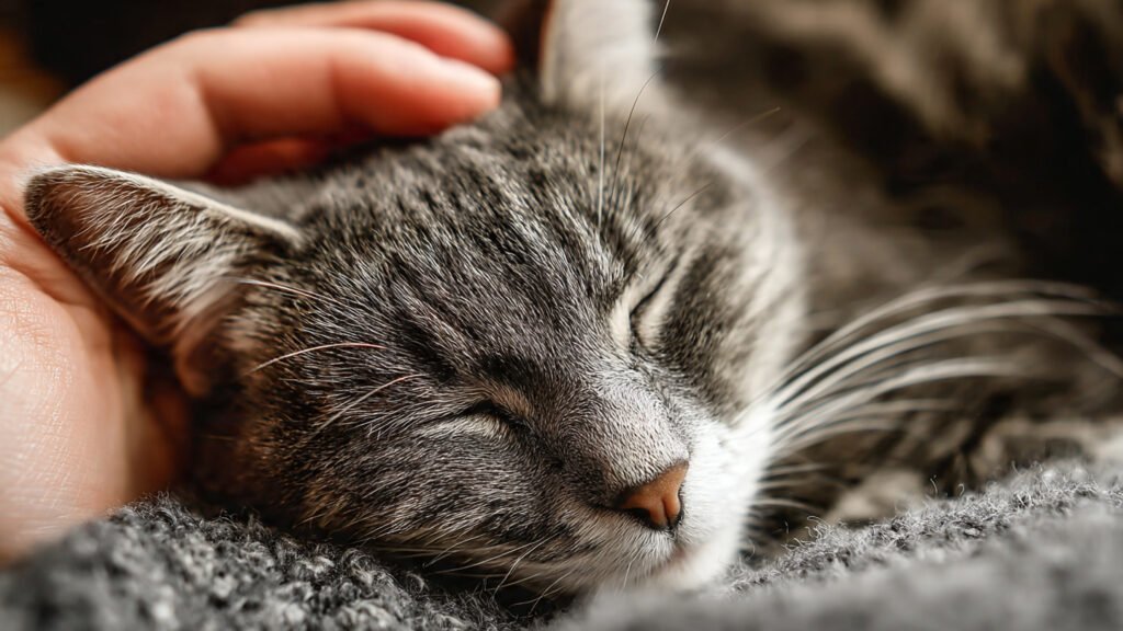 A cat being gently petted while resting, showing a caring owner.]