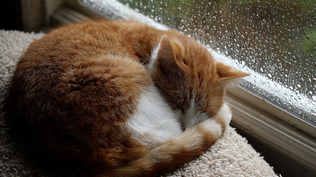 A cat curled in a tight ball on a rainy day near a window.]