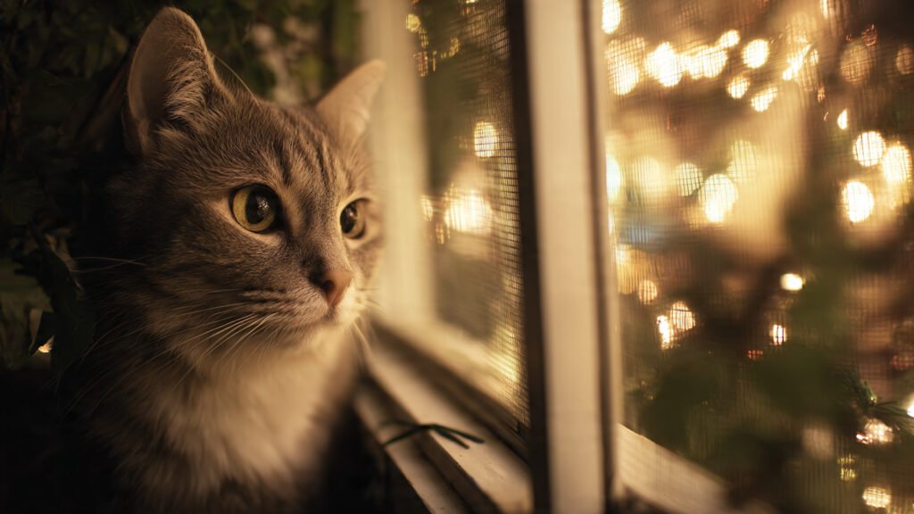 Cat looking out of a window at night
