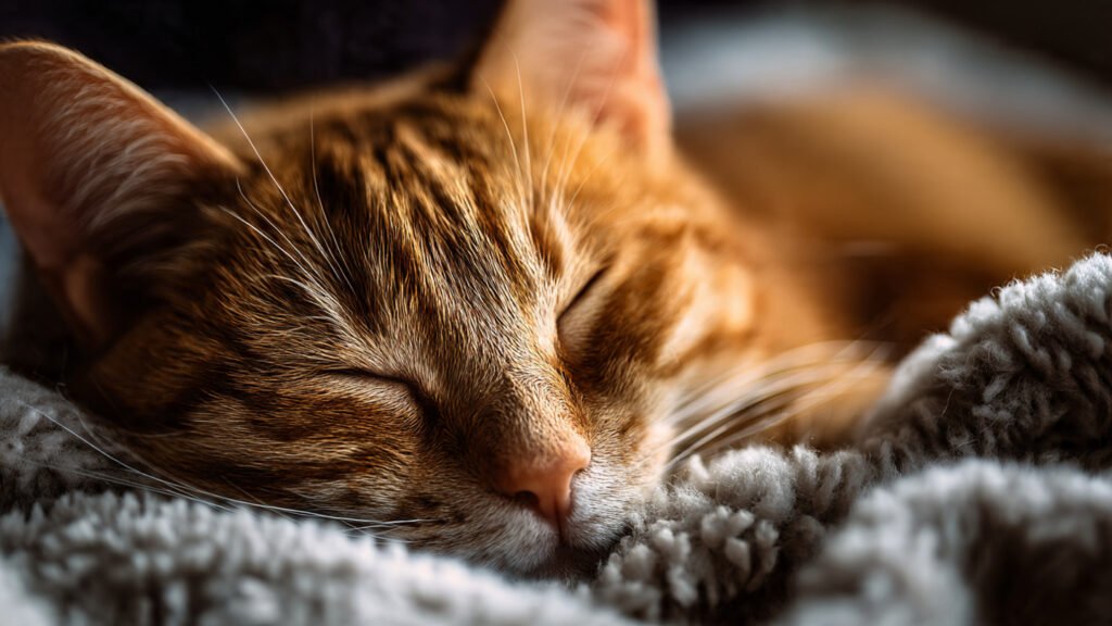 Sleepy cat resting on a soft blanket