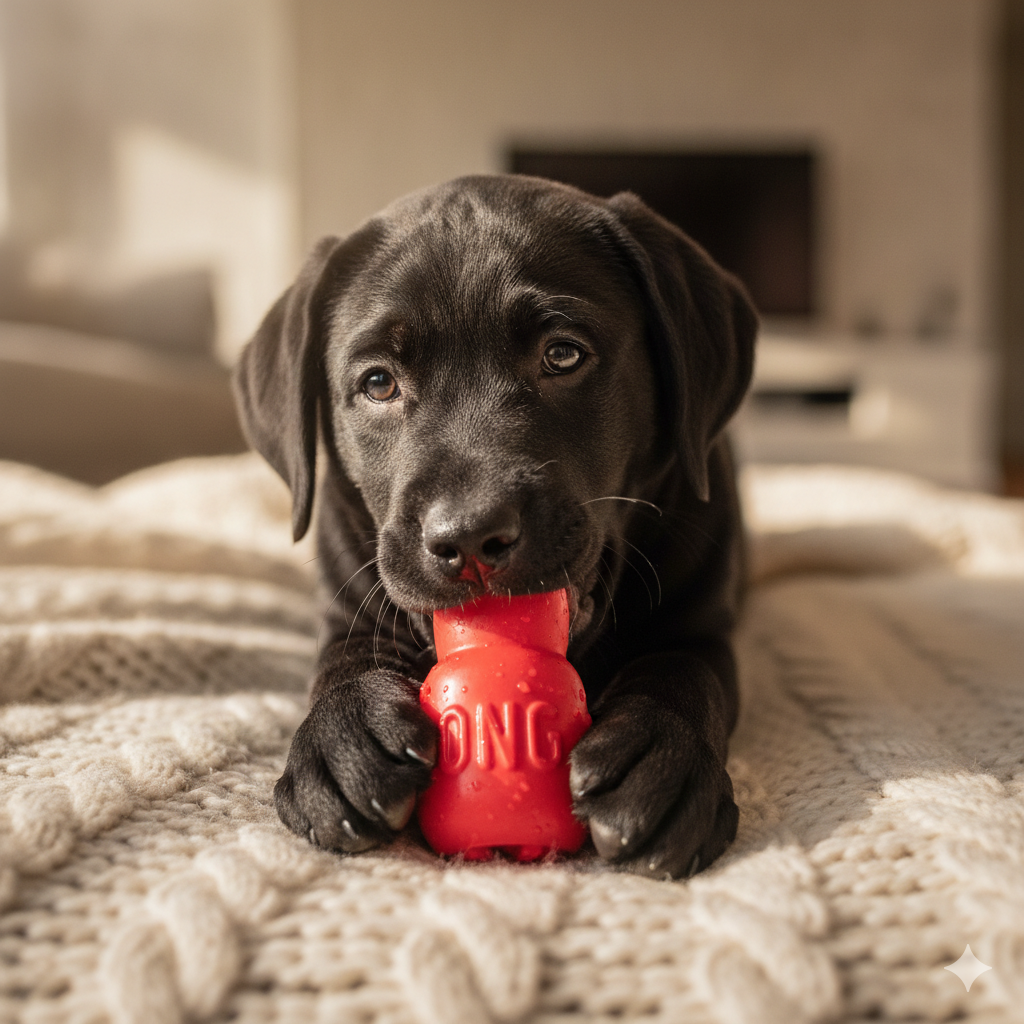 The puppy is happily chewing on a red rubber KONG toy