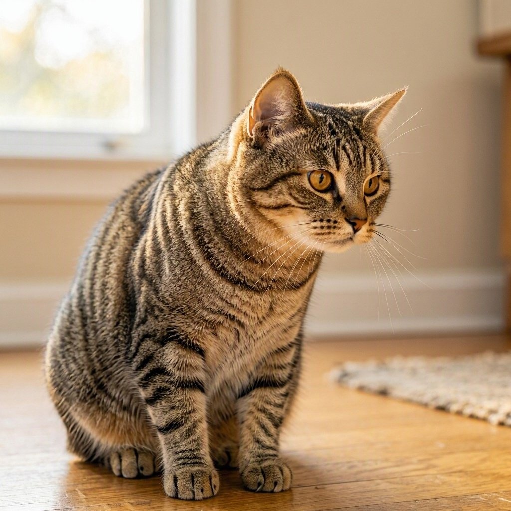 : Cat coughing with neck extended low to the ground
