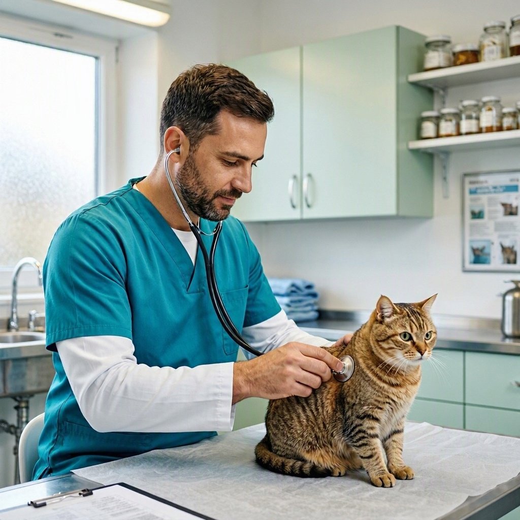 Veterinarian examining a cat for asthma and respiratory issues