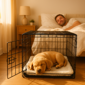 A puppy sleeps peacefully in its crate on a sunny morning while the owner rests, showing the positive outcome of following a guide on what to do when a puppy cries at night. 