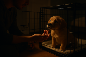 A person comforting a small puppy in its training crate at night, demonstrating what to do when a puppy cries at night to soothe it and build trust. 