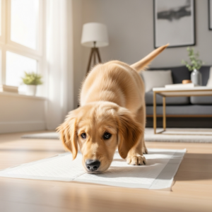 Puppy potty pads laid out on an apartment floor.