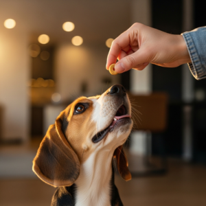 Owner giving a treat to a puppy after successful potty training