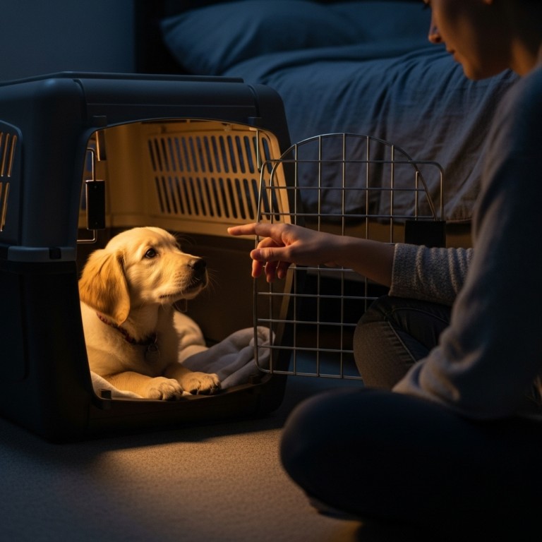 A person comforting a small puppy in its training crate at night, demonstrating what to do when a puppy cries at night to soothe it and build trust.