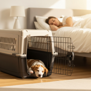 A puppy sleeps peacefully in its crate on a sunny morning while the owner rests, showing the positive outcome of following a guide on what to do when a puppy cries at night.