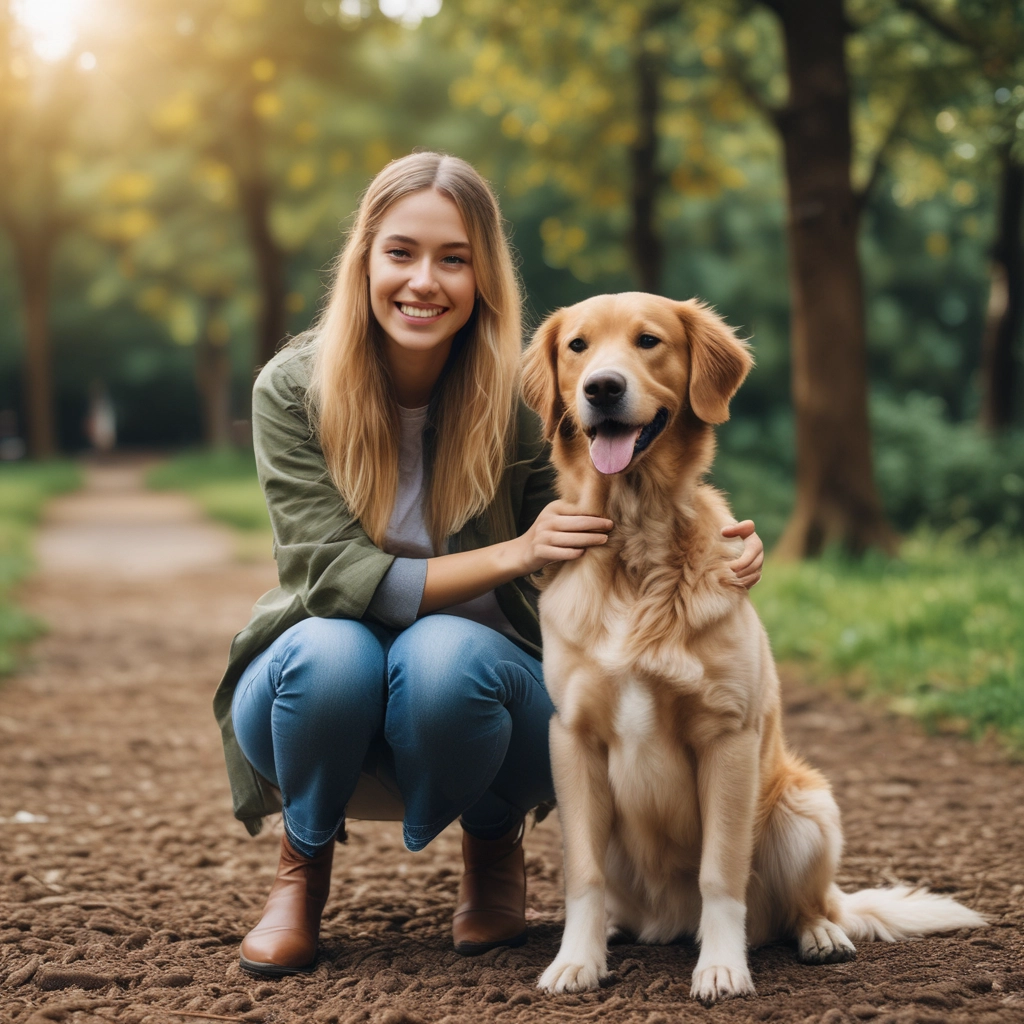 a woman sitting on a dirt road with her dog