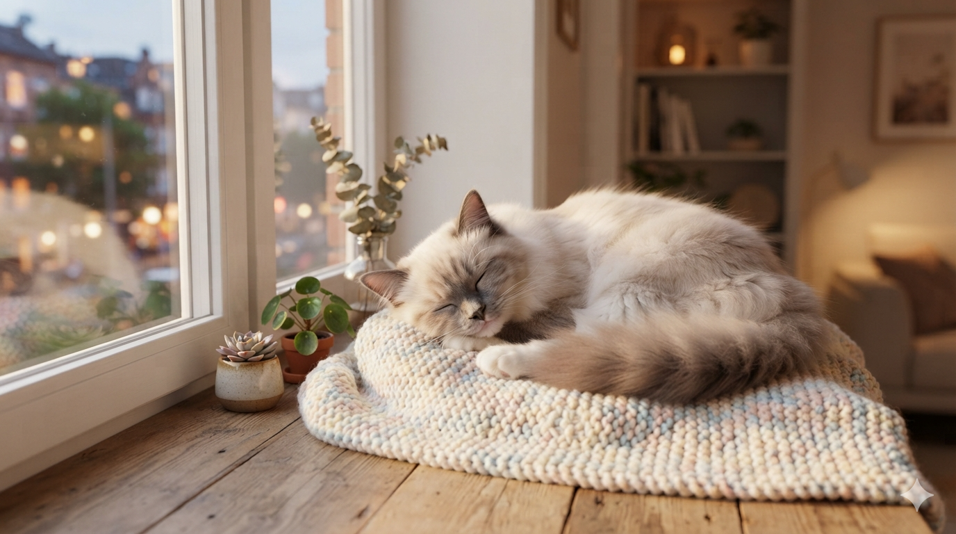 calmest cat breeds for apartments - cute fluffy cat relaxing in a cozy sunny apartment