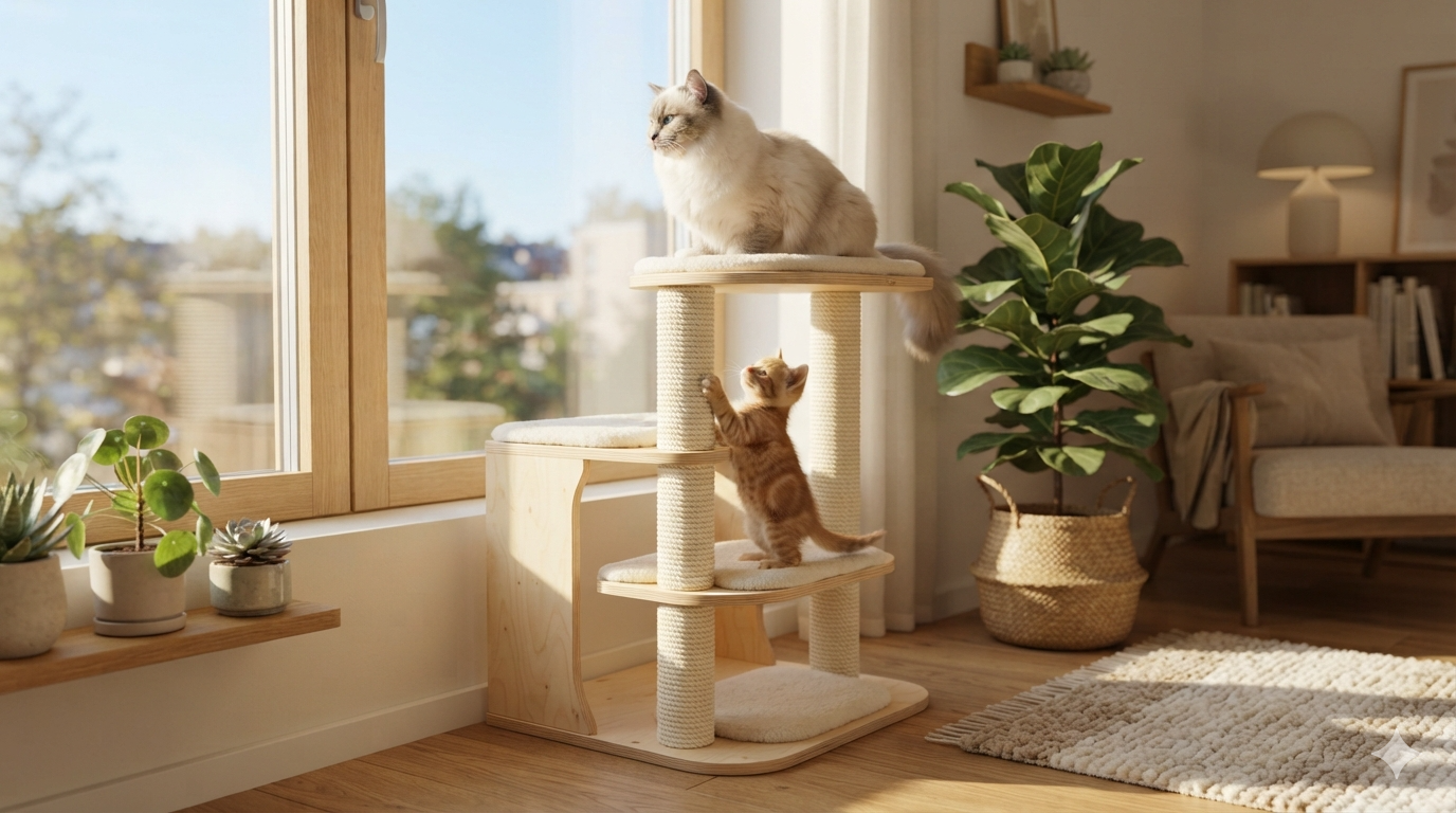best cat trees for small apartments - modern wooden space saving cat tree in cozy apartment